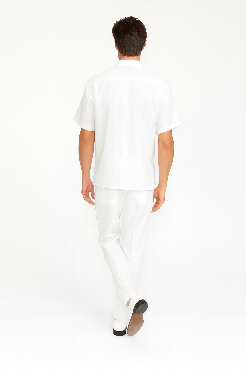 Mens White Embroidered Guayabera Two-Piece Set Short Sleeve Shirt and Pants