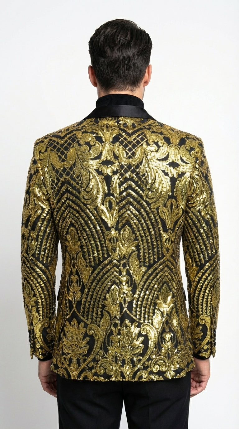 Mens Black and Gold Pattern Blazer – Gold Floral Luxury Formal Blazer Jacket for Prom, Wedding and Party Slim Fitted