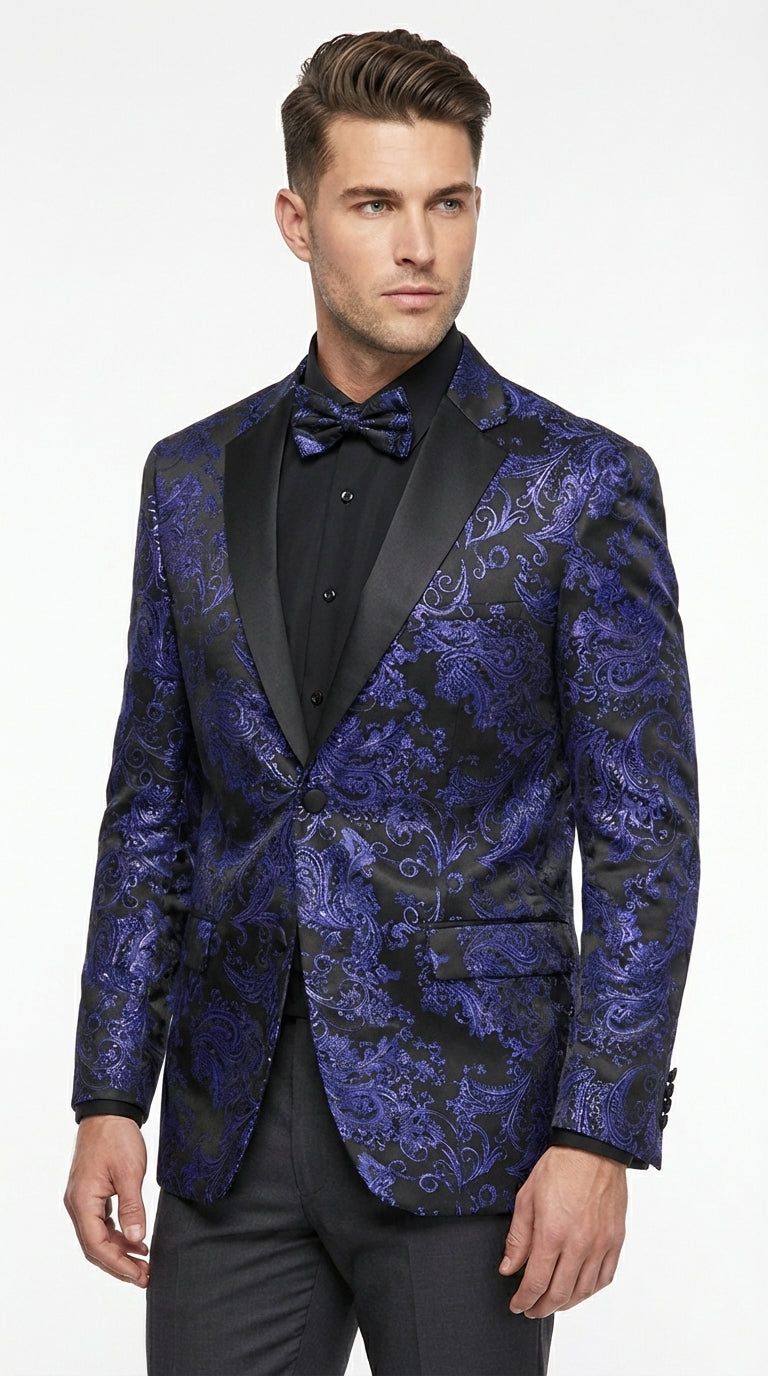 Mens Royal Blue Paisley Jacquard Blazer – Luxury Pattern Tuxedo Dinner Jacket with Black Satin Lapel for Wedding, Prom With Bowtie