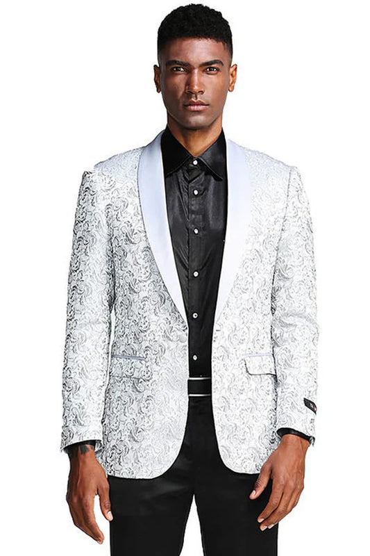 Mens Silver Grey Tonal Paisley Tuxedo Jacket -Slim Fit Wedding and Prom Blazer