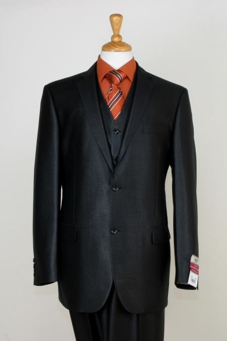 Men's 3 Piece Shark Suit Flat Front Pants Shiny Flashy Satin Metallic Black