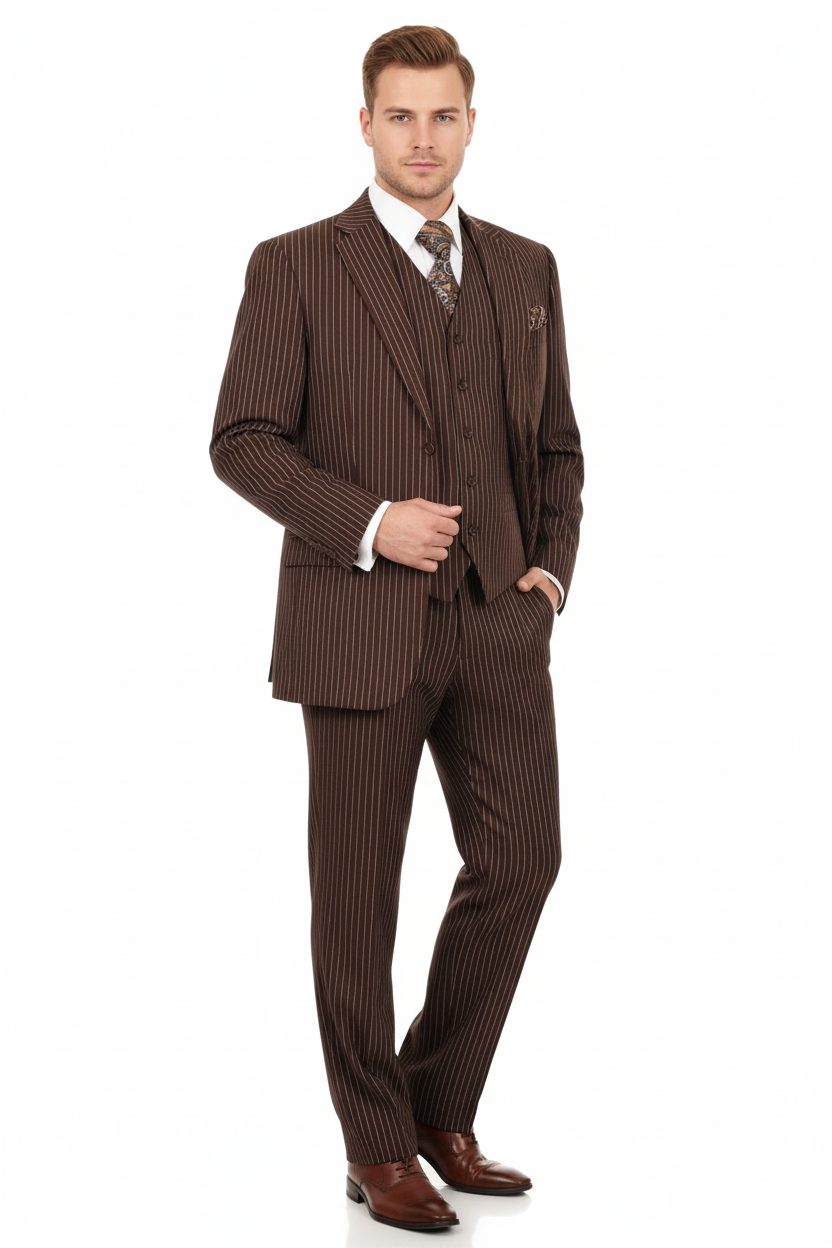 Mens Brown Pinstripe 3-Piece Suit Classic Business and Formal Wear with Vest