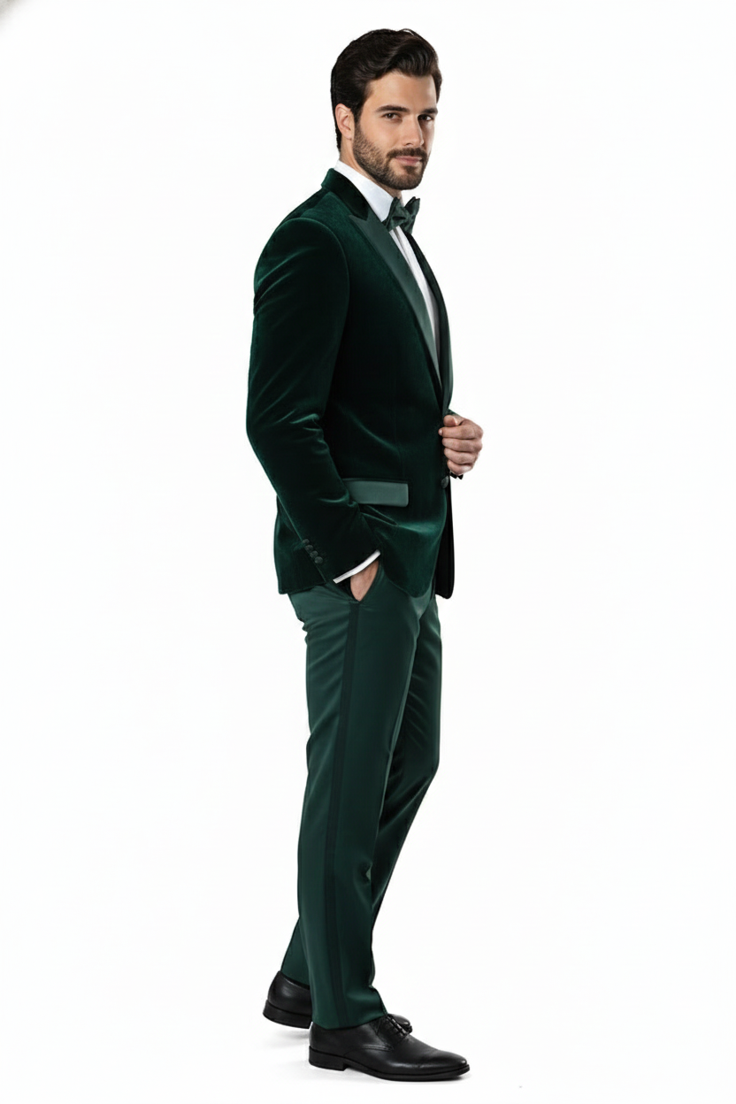 Mens Dark Green Velvet Tuxedo Dinner Jacket Slim Fit Formal Blazer with Satin Peak Lapel Lape