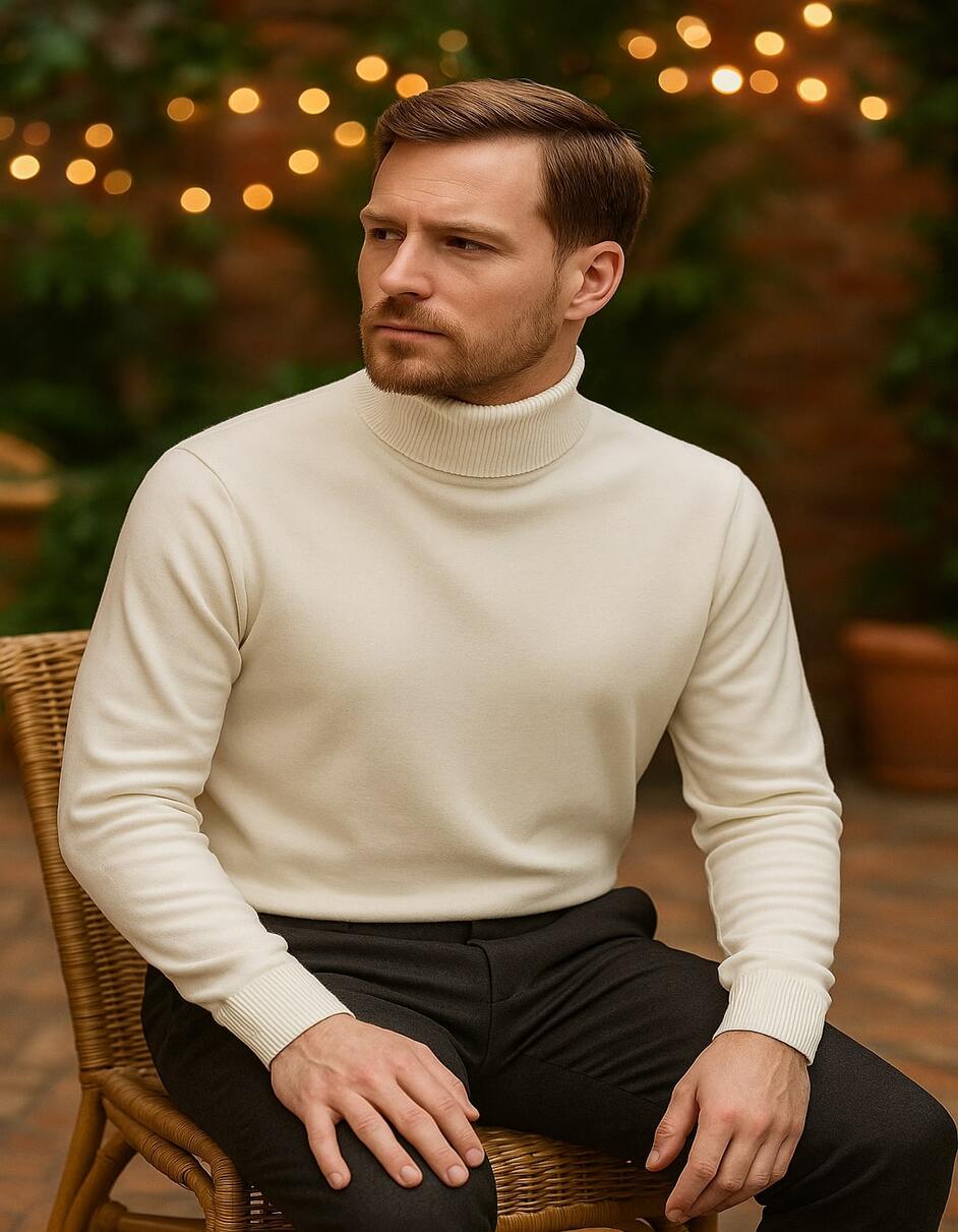 Men's Ivory Turtleneck Sweater â€“ Classic Slim Fit Knit Pullover for Winter Elegance - Cream