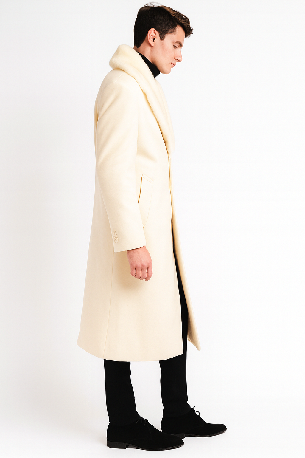 Mens Ivory Full-Length Overcoat with Luxurious Faux Fur Shawl Collar â€“ Winter Dress Coat