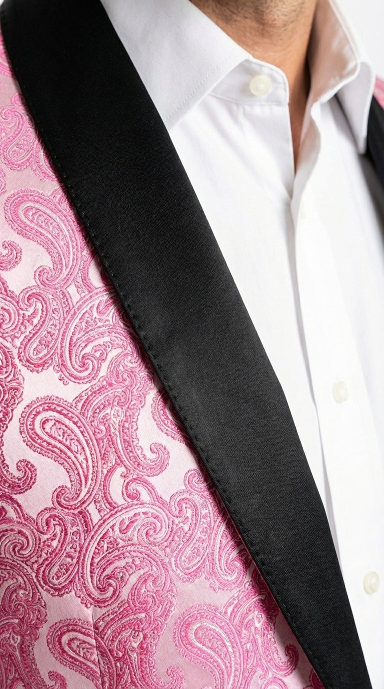 Mens Hot Pink Paisley Western Blazer Jacket – Stylish Pattern Formal Blazer with Black Shawl Lapel for Party, Wedding Cowboy Sportcoat