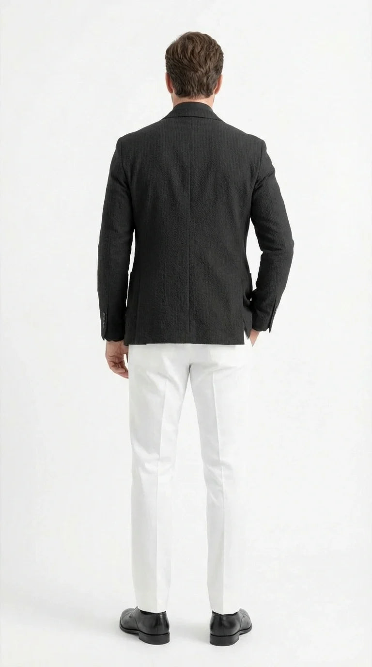 Mens Black Seersucker Blazer - Textured Two-Button Notch Lapel Formal & Summer Sport Jacket in Black Tone-on-Tone Cotton Fabric