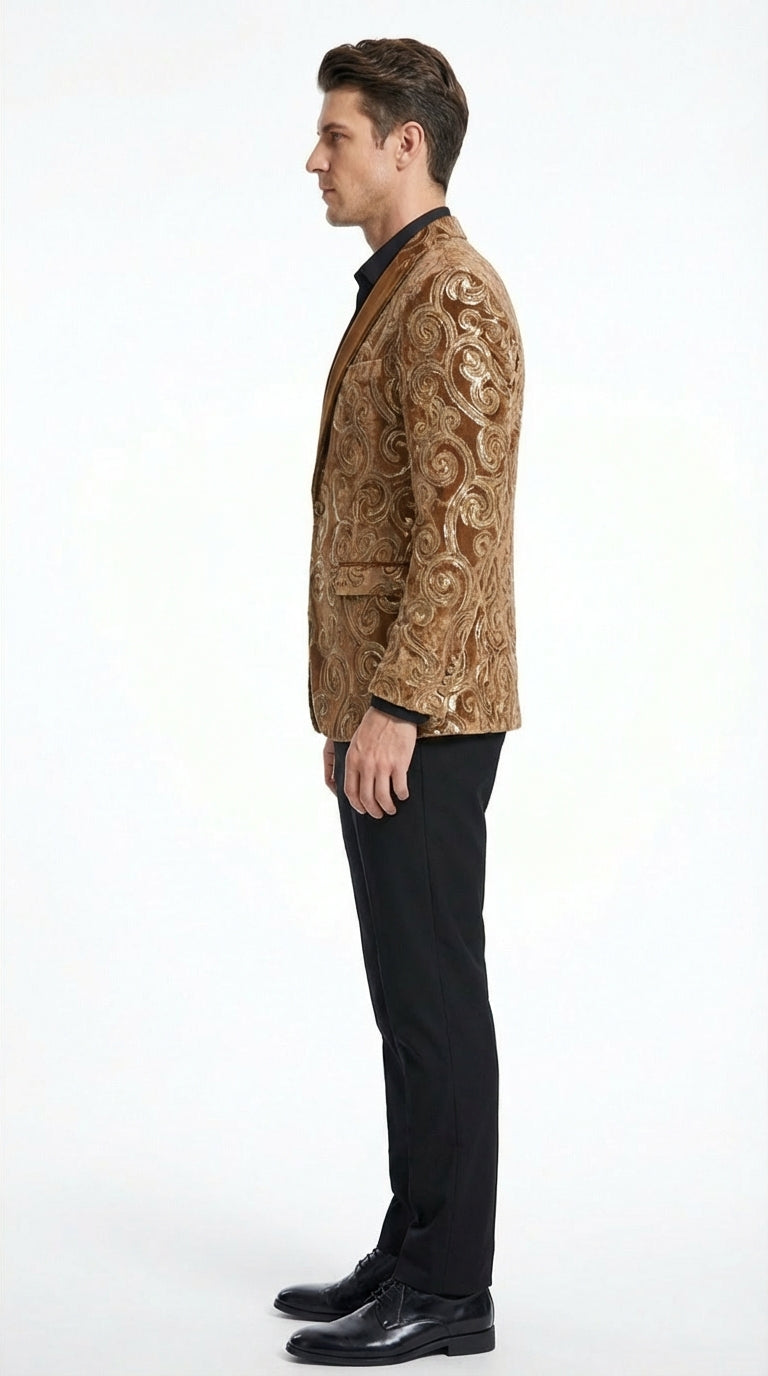 Men's Light Brown & Gold Baroque Embroidered Blazer Jacket | Tuxedo Dinner Jacket