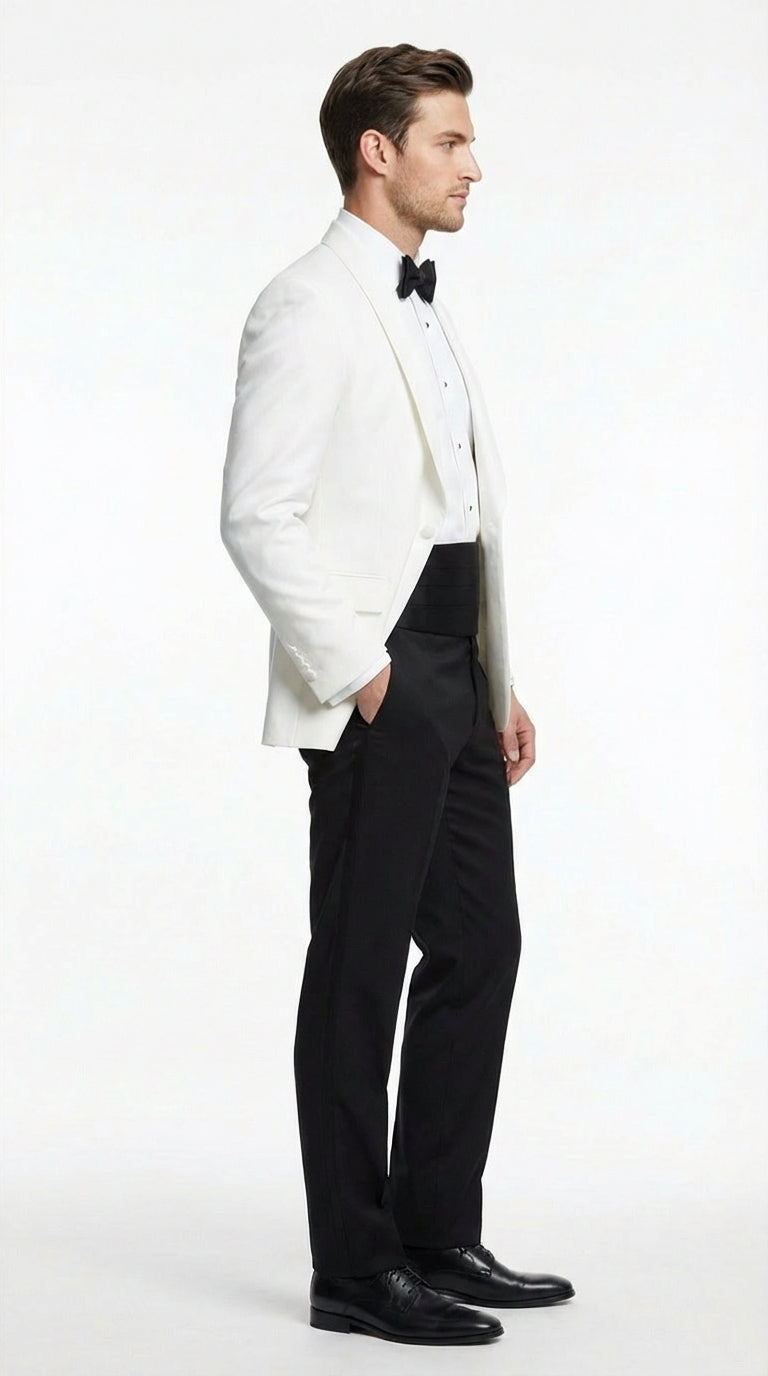 Men's White Dinner Jacket Tuxedo Blazer with Black Satin Shawl Lapel  With Black Tuxedo Pants