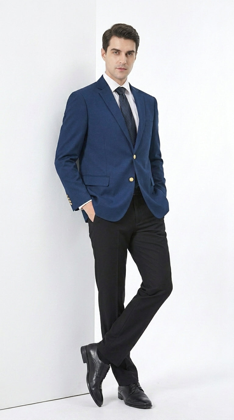 Men’s Sapphire Indigo Cobalt Blue Blazer with Gold Buttons – Classic Single Breasted Formal Business Jacket for Office, Wedding