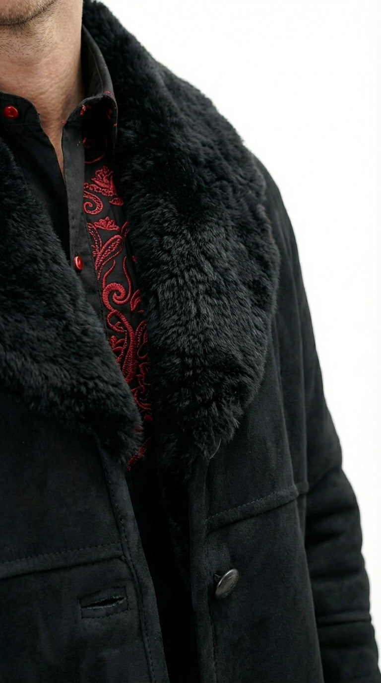 Men’s Black Sheepskin Leather Jacket Cowboy – Warm Faux Fur Collar Coat, Winter Long Jacket, Casual Western Style Outerwear