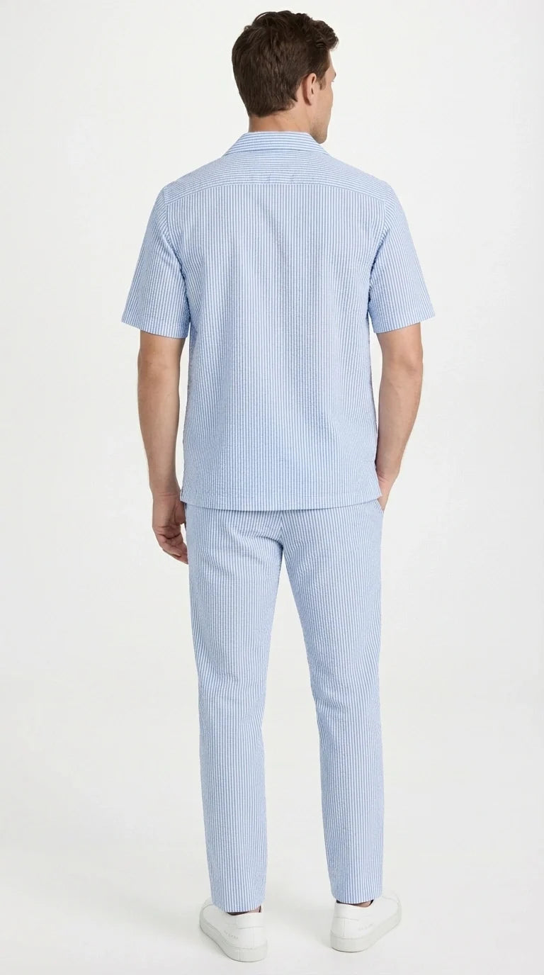 Mens Light Blue Seersucker Walking Suit Set – Casual Summer Short Sleeve Outfit with Matching Pants Lightweight Two Piece Set