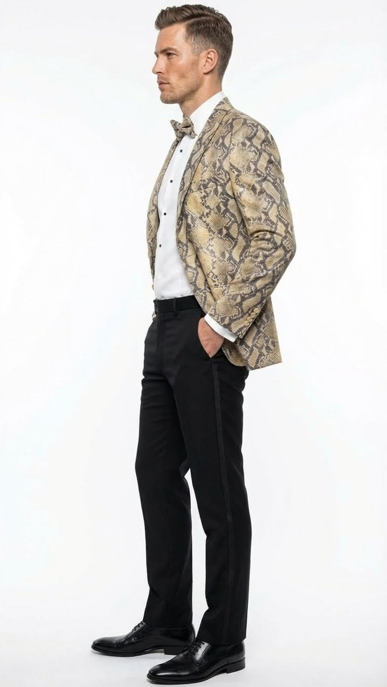 Mens Beige and Black Snakeskin Print Blazer Alligator Crocodile Exotic Sking Sport Coat Jacket in Tan Camel Color