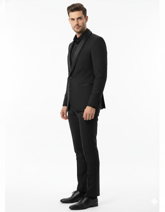 Mens Classic Black Designer Tuxedo Suit with Beaded Lapel  Elegant Formal and Party Wear Jacket and Pants