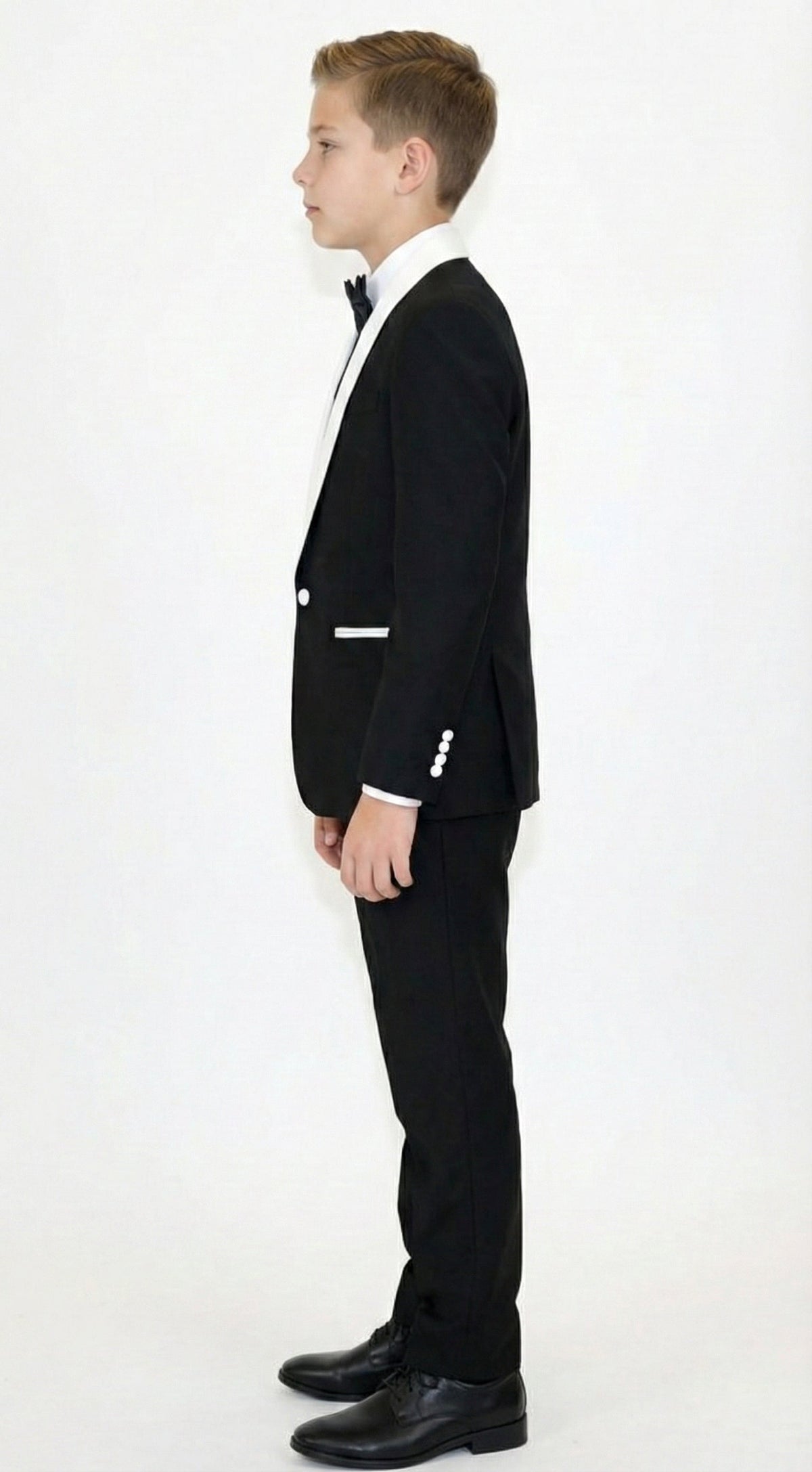 Boys Black Tuxedo Suit with White Shawl Lapel and Bow Tie | Formal Wedding & Prom Outfit Set
