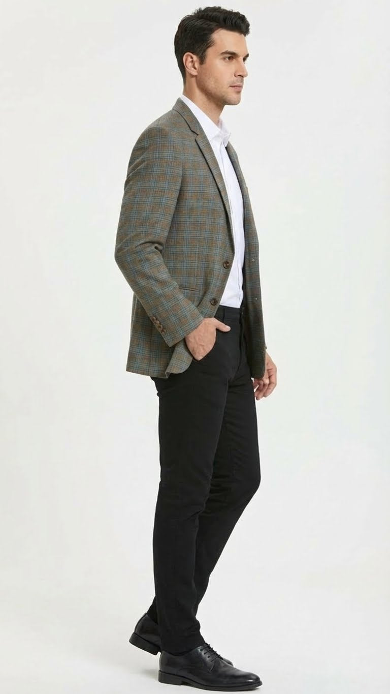 Mens Green Brown and Teal Plaid Sport Coat Tailored Fit Check Blazer Jacket - Tartan Sportcoat