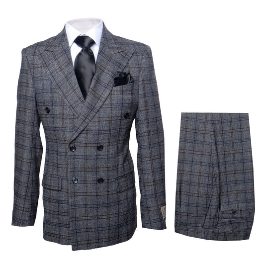 Mens Plaid Windowpane Business Suit Modern Fit Texturer Checker Peak Lapel By Rossiman in Color "Dark Grey"