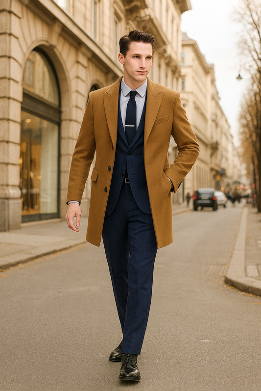 Mens Camel Brown Wool Overcoat â€“ Classic Long Dress Coat for Business and Casual Wear in Vecuna Color