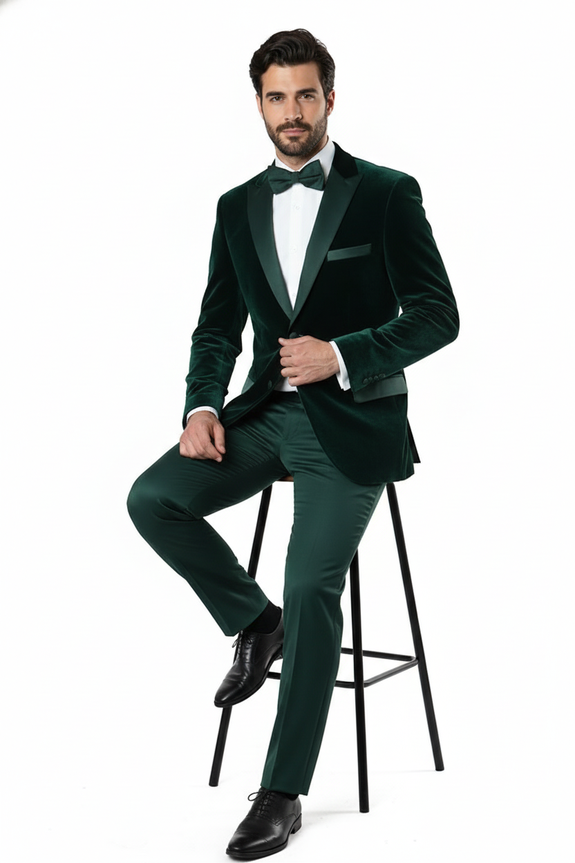 Mens Dark Green Velvet Tuxedo Dinner Jacket Slim Fit Formal Blazer with Satin Peak Lapel Lape