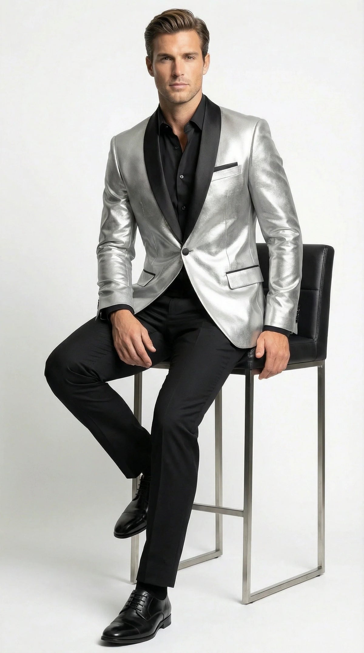 Mens Shiny Silver Blazer with Black Lapel Luxury Metallic Formal Jacket for Party, Evening and Special Events