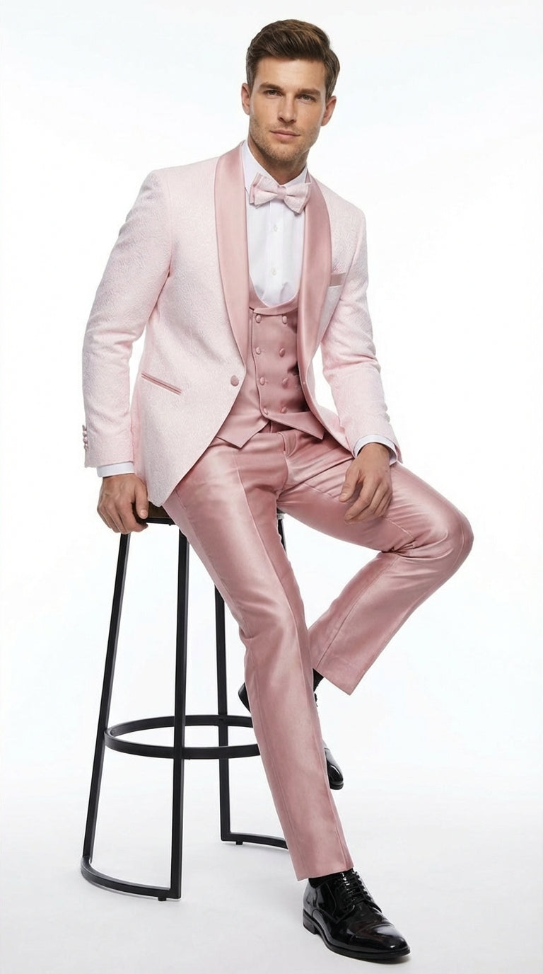 Men's Light Pink 3 Piece Tuxedo Suit Set | Shawl Lapel Formal Wedding Prom Dinner Suit in Rose Gold Color