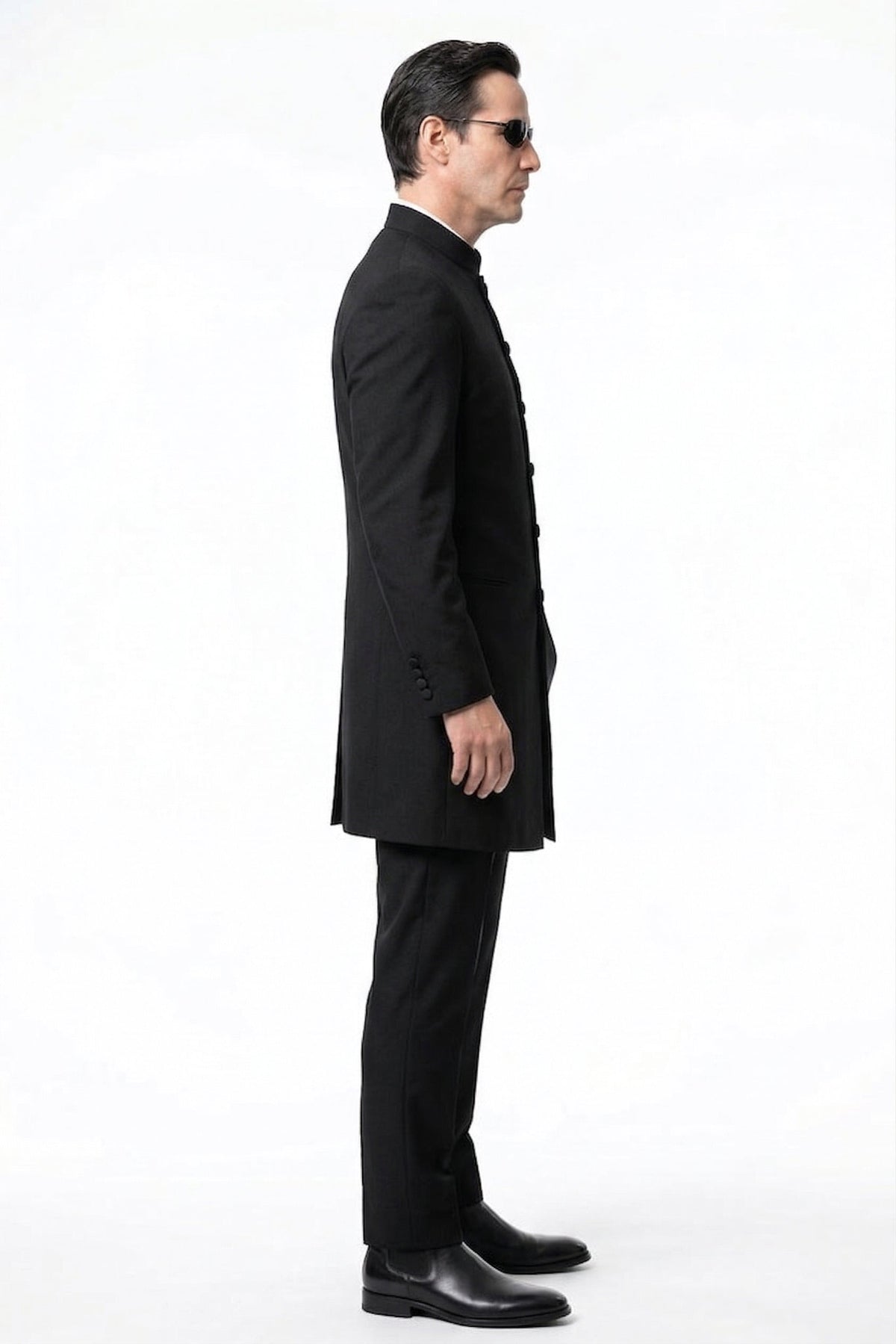 Men’s Black Coat Matrix Keanu Reeves Inspired Long Coat – Classic Mandarin Collar Formal Overcoat, Stylish Winter Trench Coat, Neo Style Jacket