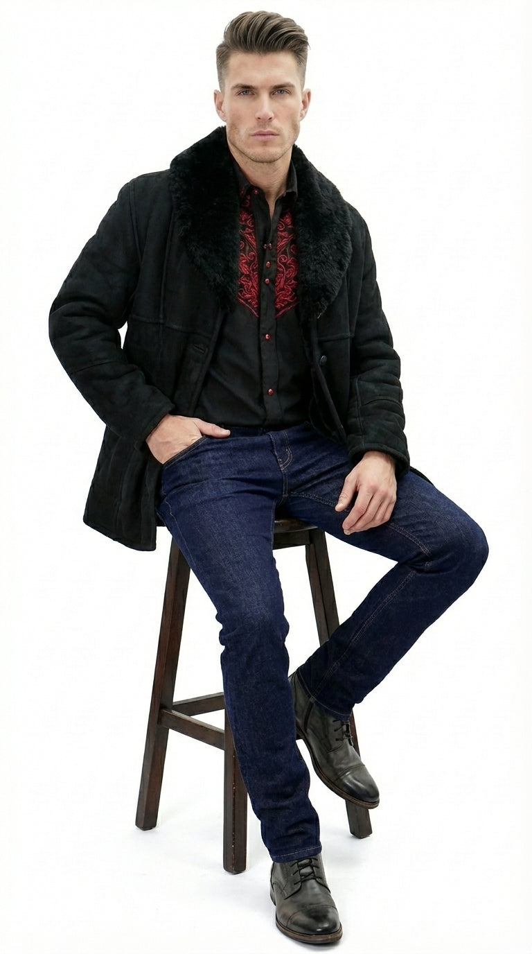 Men’s Black Sheepskin Leather Jacket Cowboy – Warm Faux Fur Collar Coat, Winter Long Jacket, Casual Western Style Outerwear