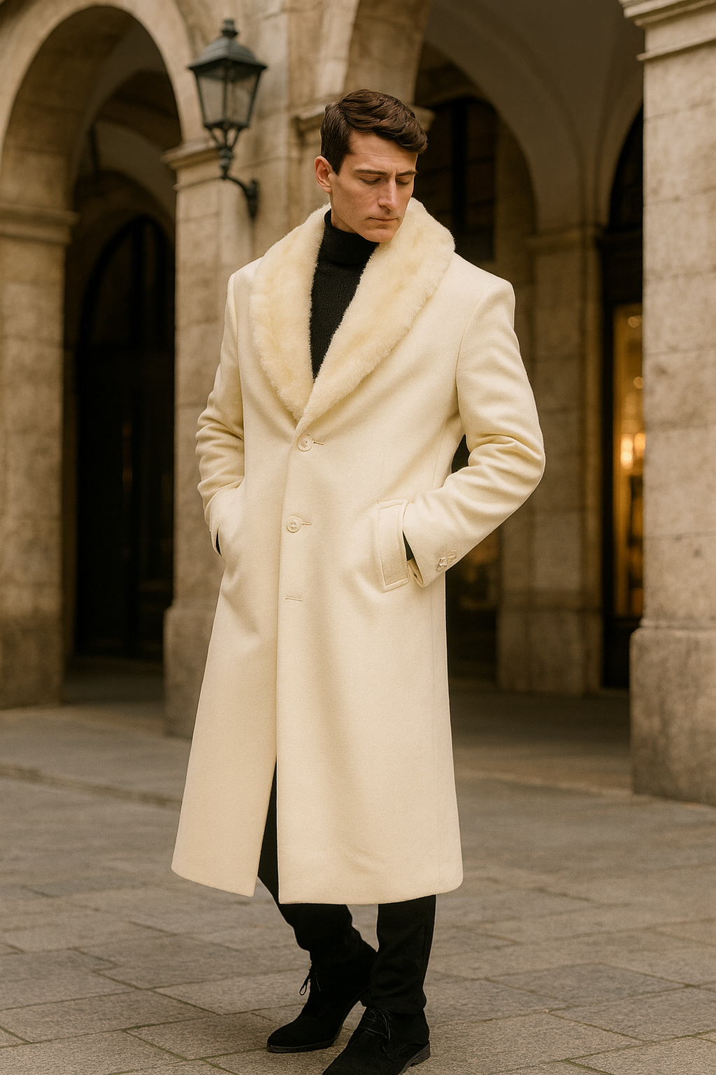 Mens Ivory Full-Length Overcoat with Luxurious Faux Fur Shawl Collar â€“ Winter Dress Coat