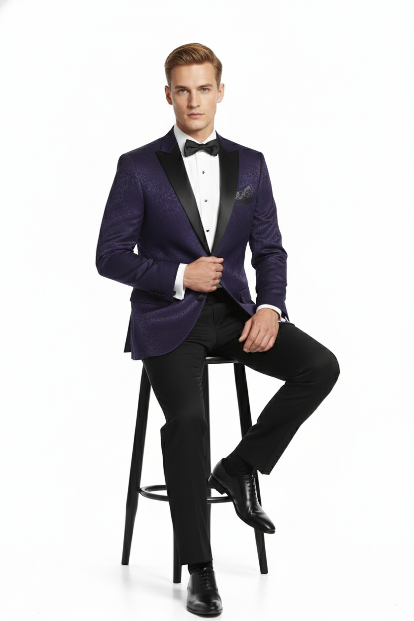 Mens Purple Paisley Tuxedo Jacket Ultra Slim Fit Dinner Blazer with Black Satin Peak Lapel