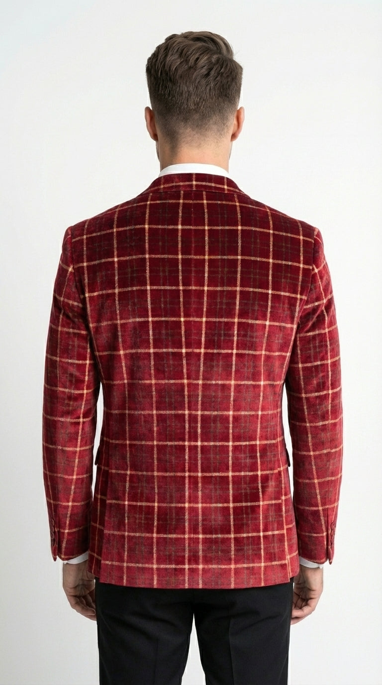 Mens Red Burgundy Plaid Blazer with Contrast Lapel – Velvet Fabric Check Prom Blazer Jacket for Party, Christmas New Year Holiday Jacket
