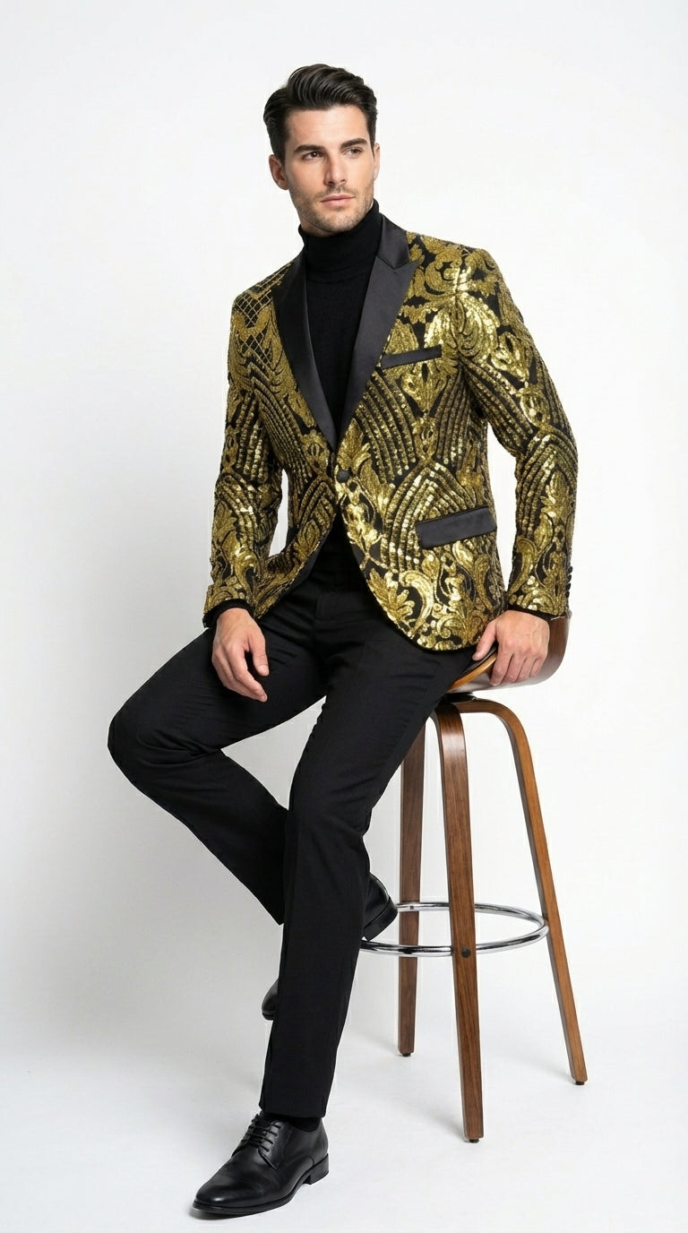 Mens Black and Gold Pattern Blazer – Gold Floral Luxury Formal Blazer Jacket for Prom, Wedding and Party Slim Fitted