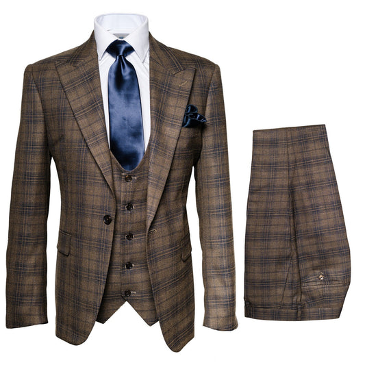 Mens Plaid Windowpane Business Suit Modern Fit Texturer Checker Peak Lapel By Rossiman in Color "Brown"