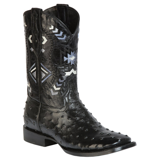 Black Ostrich Print Boots Square Toe