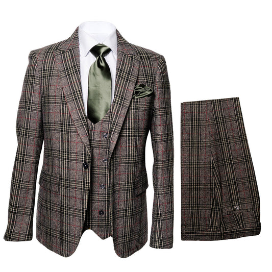 Mens Plaid Windowpane Business Suit Modern Fit Texturer Checker Peak Lapel By Rossiman in Color "Charcoal Grey"