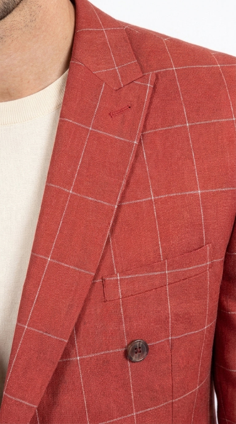 Men's Red Windowpane Plaid Double Breasted Suit – Modern Fit 2 Piece Wedding, Prom & Formal Dress Suit