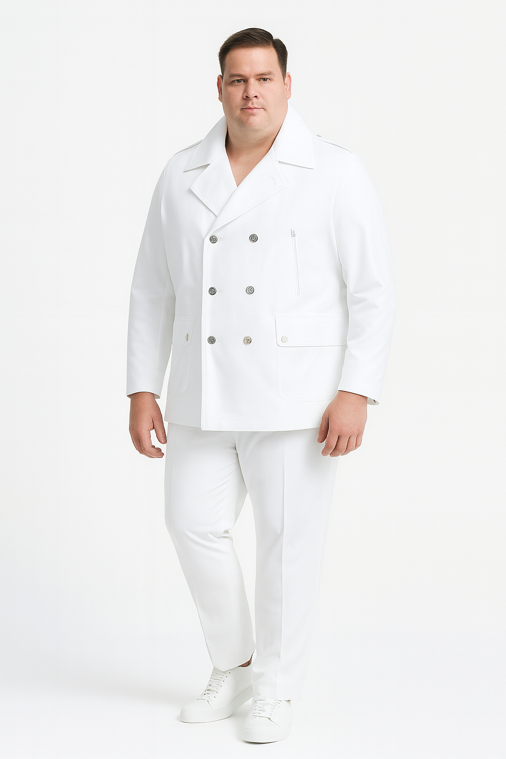Mens White Double-Breasted Peacoat Jacket – Classic Stylish Outerwear Wool Fabric Slim Fitted