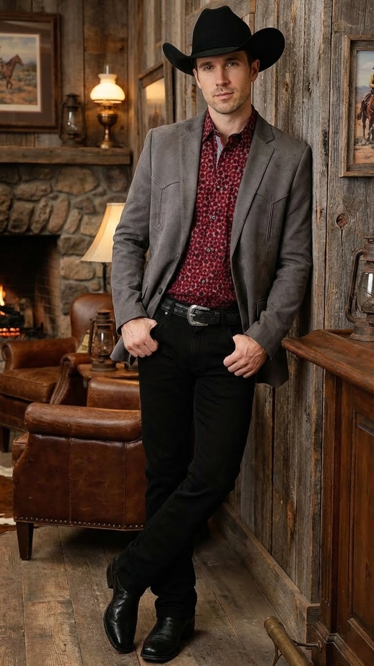 Mens Charcoal Gray Western Faux Suede Blazer Double Button Cowboy Jacket for Wedding & Party Wear