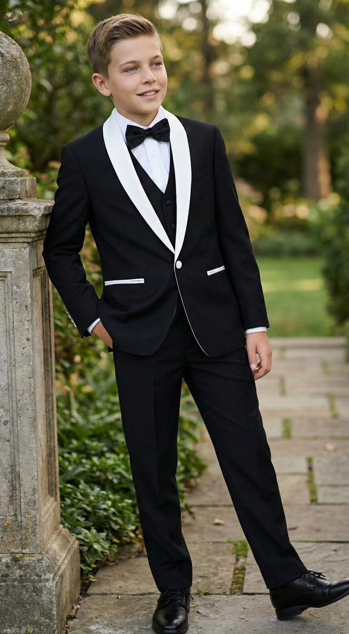 Boys Black Tuxedo Suit with White Shawl Lapel and Bow Tie | Formal Wedding & Prom Outfit Set