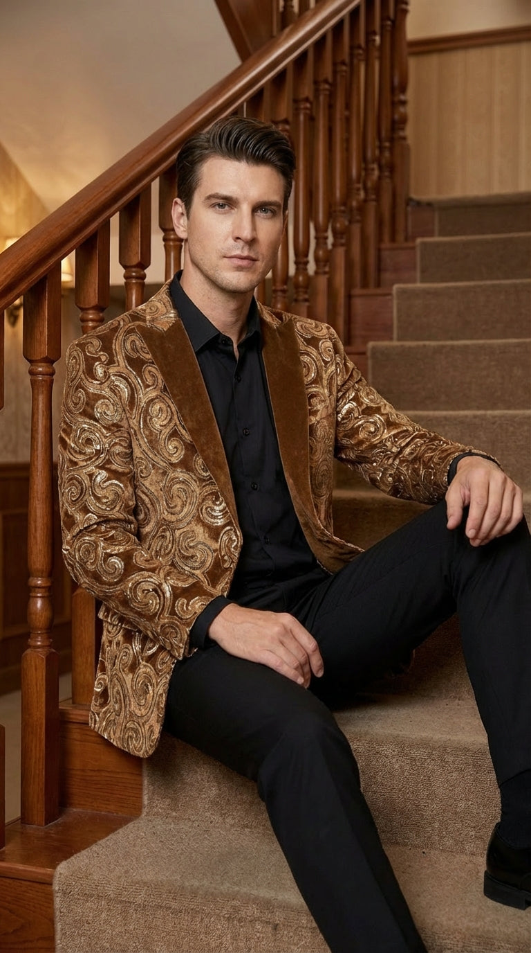 Men's Light Brown & Gold Baroque Embroidered Blazer Jacket | Tuxedo Dinner Jacket