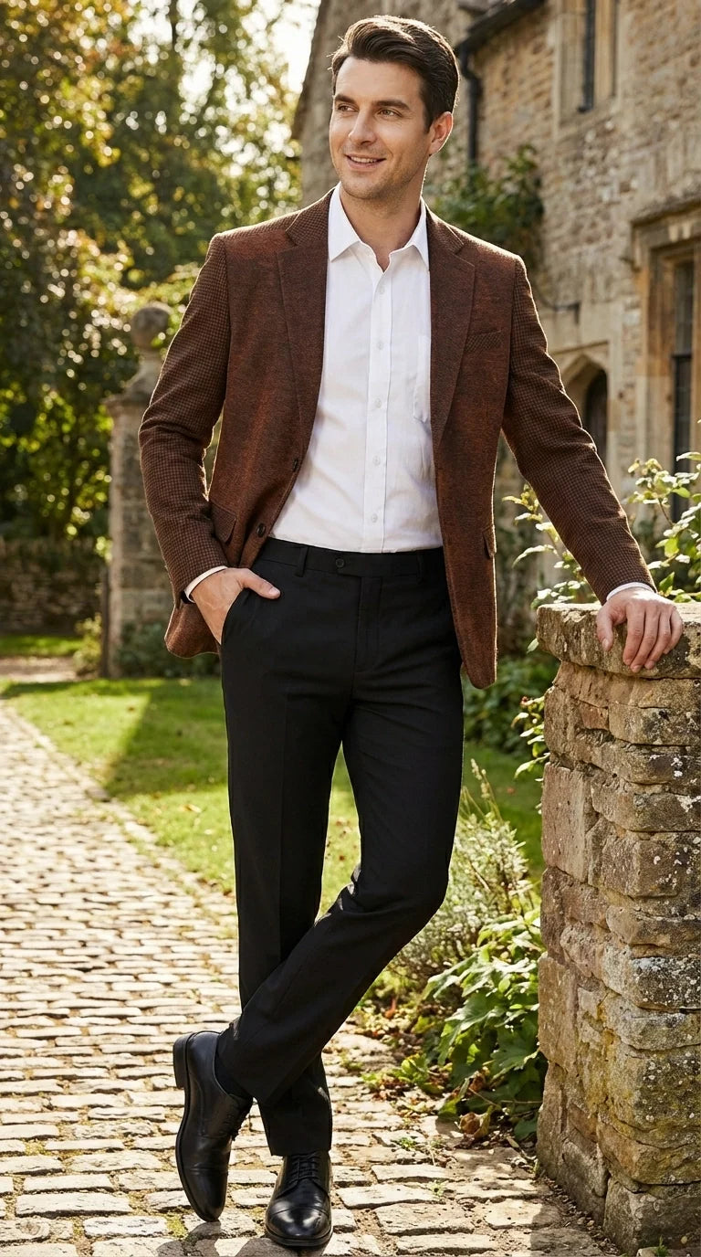 Men’s Zacchi Brown Textured Blazer – Classic Single Button Sport Coat with Notch Lapel Formal Jacket