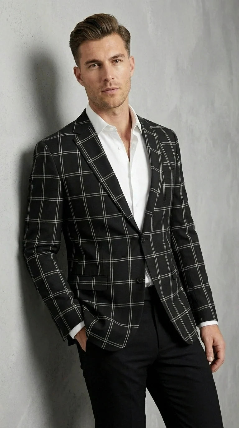 Men’s Black Windowpane Check Blazer – Black Plaid Formal Blazer Jacket for Business, Wedding and Smart Casual Style