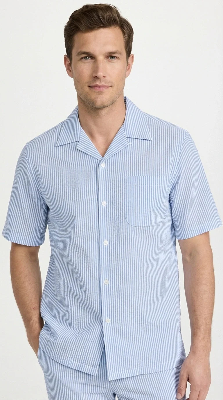 Mens Light Blue Seersucker Walking Suit Set – Casual Summer Short Sleeve Outfit with Matching Pants Lightweight Two Piece Set