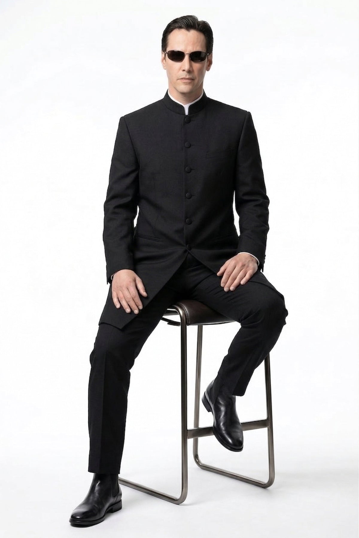 Men’s Black Coat Matrix Keanu Reeves Inspired Long Coat – Classic Mandarin Collar Formal Overcoat, Stylish Winter Trench Coat, Neo Style Jacket