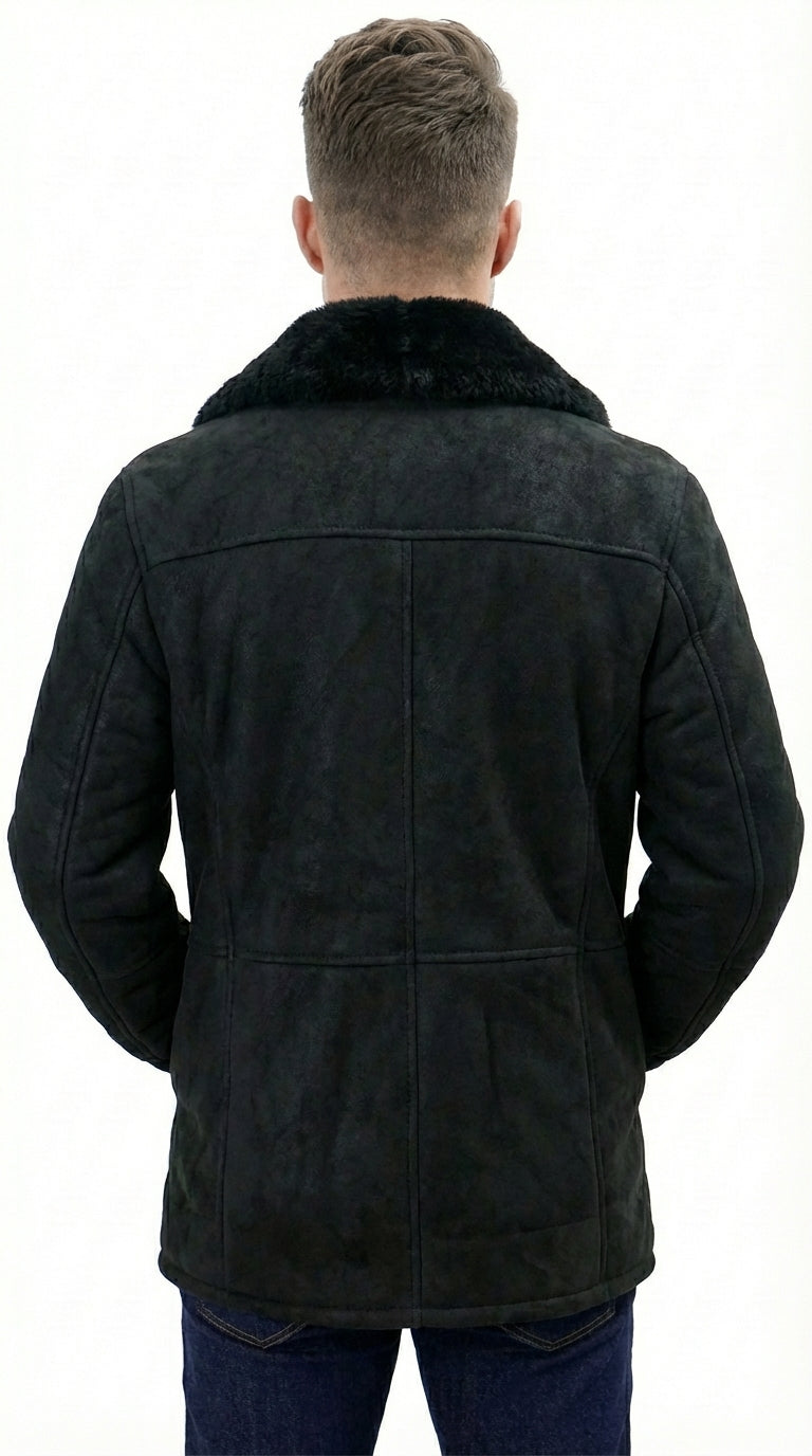 Men’s Black Sheepskin Leather Jacket Cowboy – Warm Faux Fur Collar Coat, Winter Long Jacket, Casual Western Style Outerwear