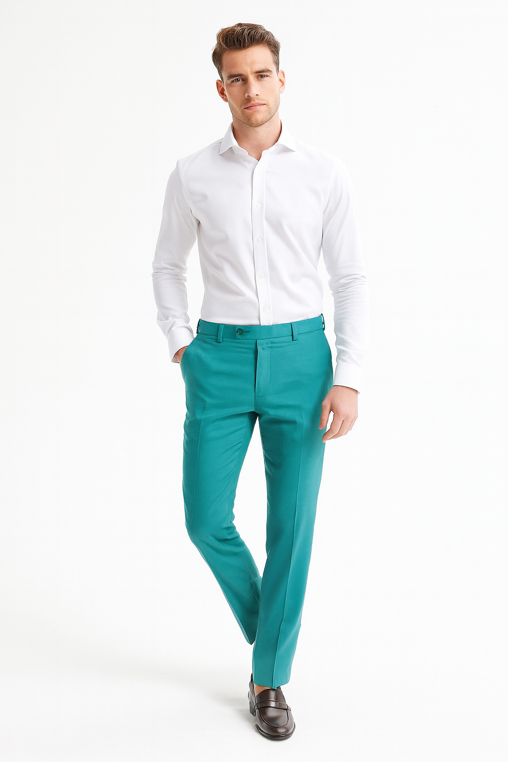 Mens Aqua Dress Pants Slim Fit Stylish Formal Trousers for Parties and Casual Wear in Turqoise Color