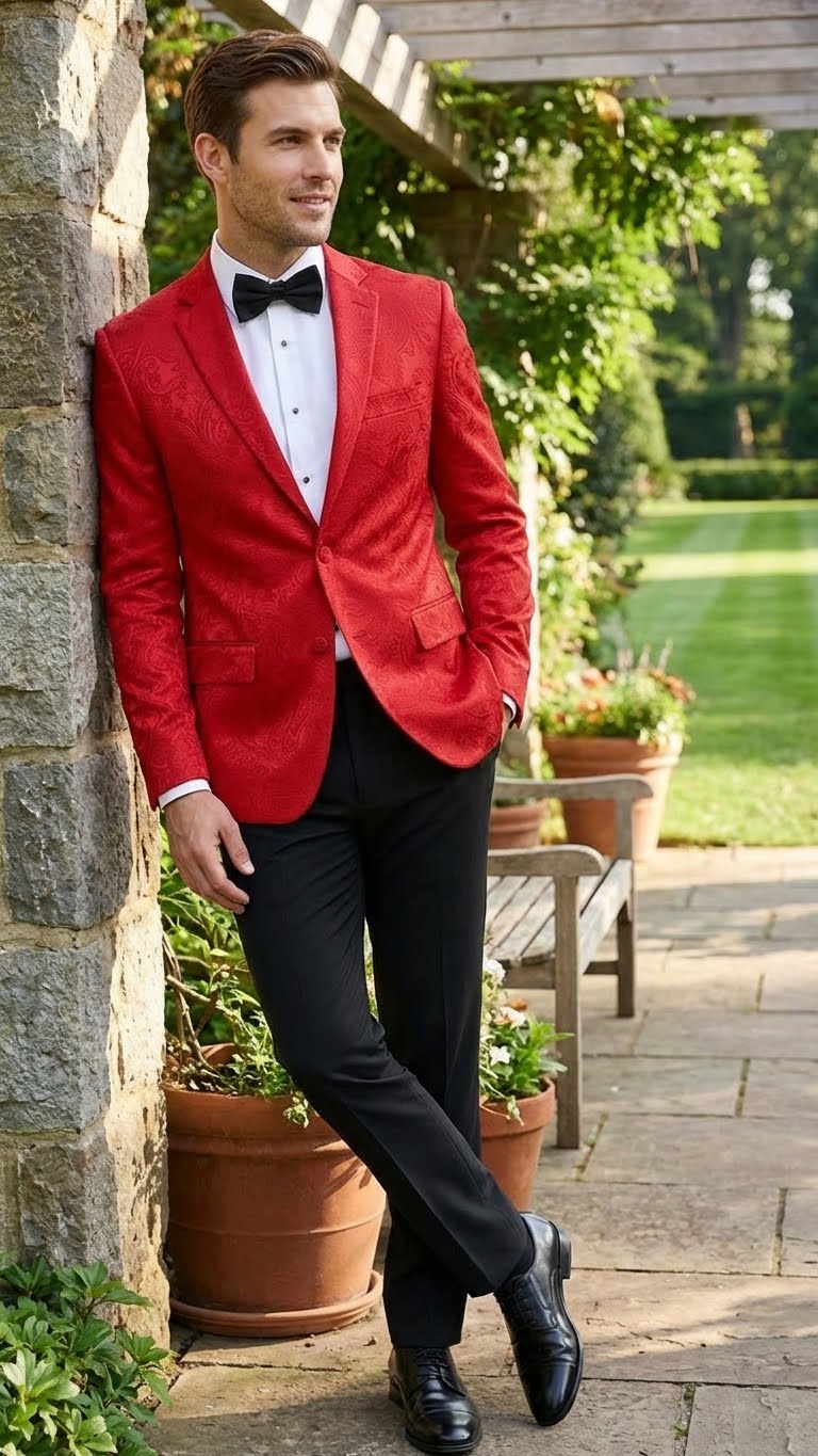 Mens Red Paisley Velvet Blazer - Christmas new year Sport Coat Jacket - Prom 2026 Collection