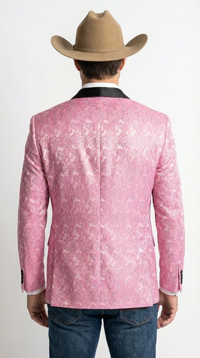 Mens Hot Pink Paisley Western Blazer Jacket – Stylish Pattern Formal Blazer with Black Shawl Lapel for Party, Wedding Cowboy Sportcoat