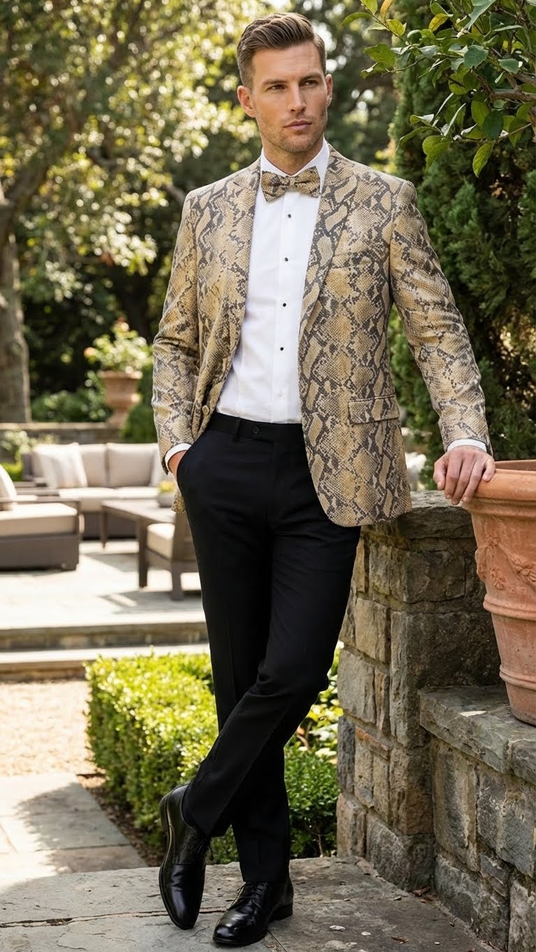 Mens Beige and Black Snakeskin Print Blazer Alligator Crocodile Exotic Sking Sport Coat Jacket in Tan Camel Color