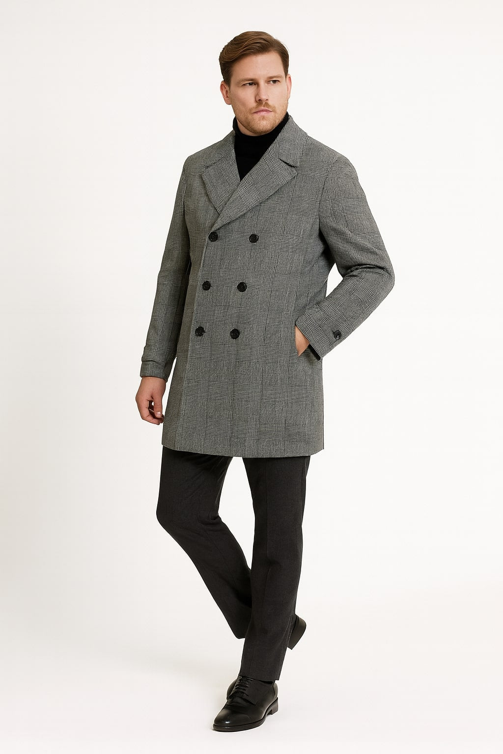 Mens Grey Plaid Double-Breasted Overcoat with Black Faux Fur Collar Classic Winter Peacoat