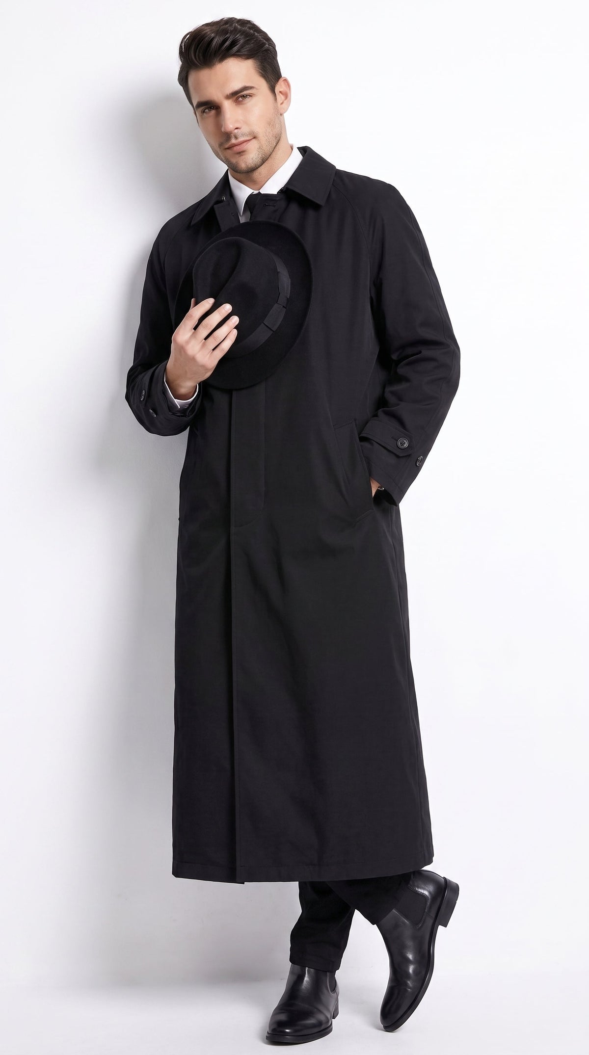 Men’s V for Vendetta Inspired Black Trench Coat – Long Gothic Full-Length Overcoat